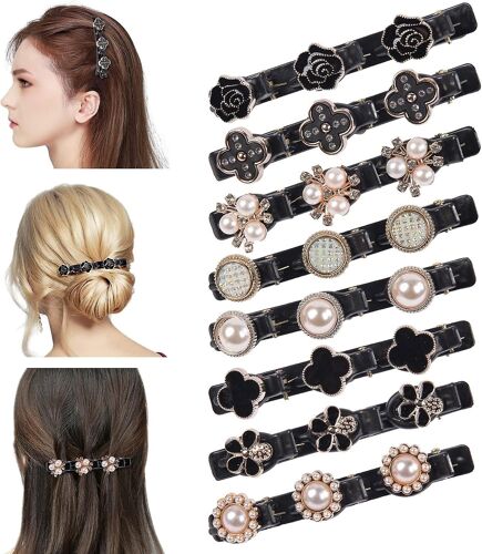 Pinces À Cheveux Tressées 8pcs Pierre De Cristal Scintillant Double Couche Bec De Canard Clip 