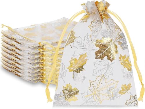 D'automne Organza sacs cordon d'or Maple Leaves cadeaux sacs Thanksgiving 100 pièces