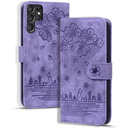 Coque Pour Samsung Galaxy S22 Ultra 5g, Etui Portefeuille Cuir Pu Avec Fonction De Support Housse Folio Magn¿¿Tique Pour Galaxy S22 Ultra, Violet Chaton