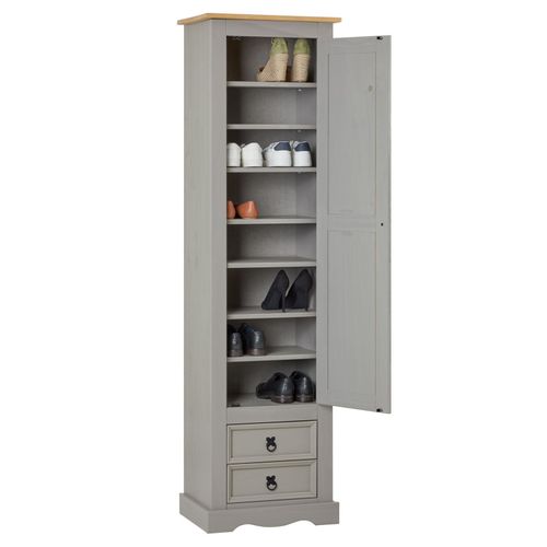 Armoire Tequila Meuble De Rangement Avec 7 Tablettes Derrière 1 Porte Battante Et 2 Tiroirs, En Pin Massif Lasuré Gris Et Brun
