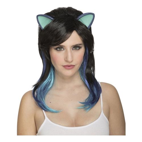 Perruque De Chatte Noire Avec Oreilles Et Mèches Bleu (Taille Unique)