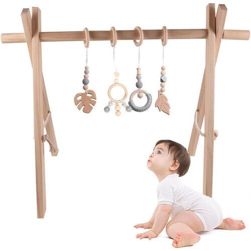 4pcs Pendentif Poussette Suspendus Bois,Pendentifs Anneau En Bois,Hochets A Suspendre Bois Pour Portique D'éveil Activités Cadeau Naissance