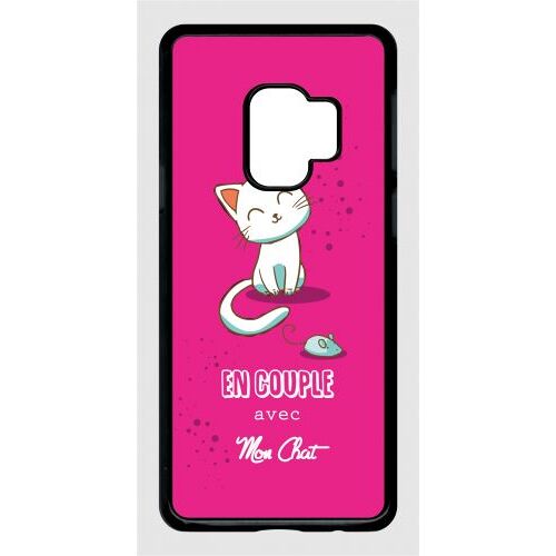 Coque pour smartphone - En couple avec mon chat fond rose - compatible avec samsung Galaxy S9 - Plastique - bord Noir