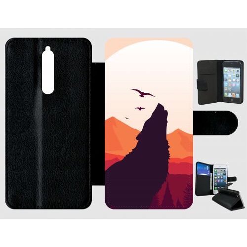 Etui A Rabat - Loup La Pleine Lune - Compatible Avec Nokia 8 - Plastique - Bord Noir