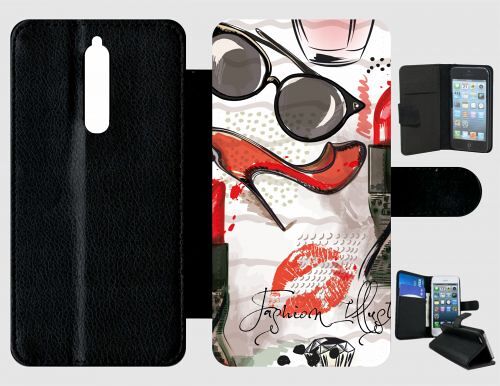 Etui a rabat - Motif girly fond blanc - compatible avec nokia 8 - Plastique - bord Noir