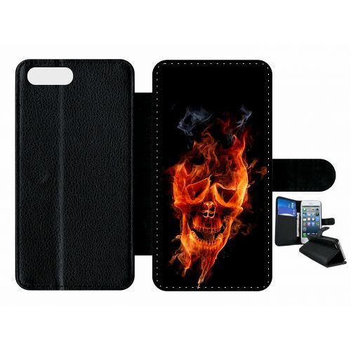 Etui À Rabat Iphone 7+ - Crane En Feu Fire Skull - Simili-Cuir - Noir