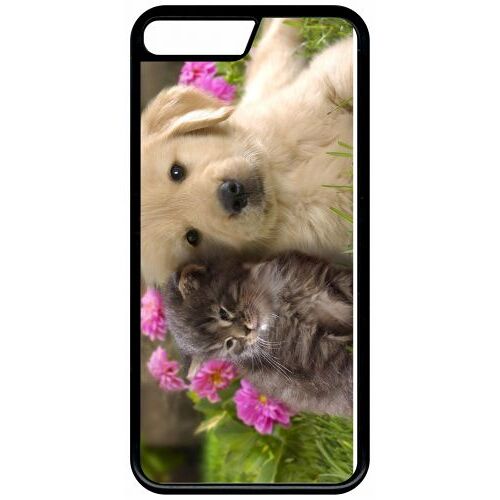 Coque iphone x - chiot golden retriever et chaton - noir
