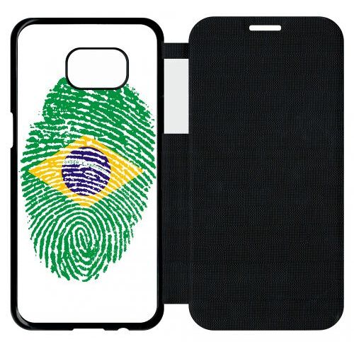 Etui Flip Flap Galaxy S7 Edge - Empreinte Digitale Drapeau Bresil Brazil - Simili-Cuir - Noir