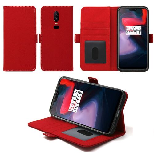 OnePlus 6 Housse Portefeuille luxe rouge Cuir Style avec porte cartes - Etui noir coque de protection silicone antichoc One Plus 6 Dual SIM smartphone 2018 - Accessoires pochette case ! XEPTIO