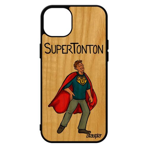 Coque Silicone Iphone 15+ Plus En Vrai Bois Super Tonton Humour Rigide Unique Heros Rouge Noir Texte Drole Humoristique Oncle