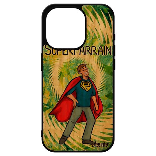 Coque Iphone 15 Pro Bois Naturel Veritable Silicone Super Parrain Naissance Fille Bd Etui Comique Texte Vert Antichoc Cover De