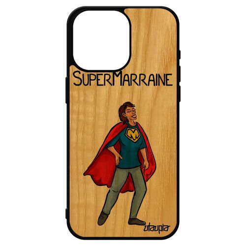 Coque bois pour iPhone 15 pro max silicone super marraine de protection heros rouge antichoc bande dessinée telephone original