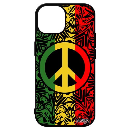 Coque Silicone Pour Iphone 15 Peace And Love Jaune Ragga Hippie Portable Mandala Reggae Pas Cher Boheme Yoga Noir Jamaique &