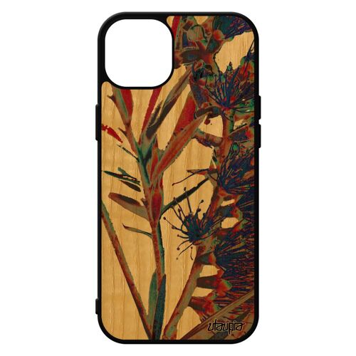 Coque Bois Iphone 15+ Plus Silicone Fleurs Plante Exotique Souple Noir Fond Artisanal Smartphone Florale Design Antichoc Rouge