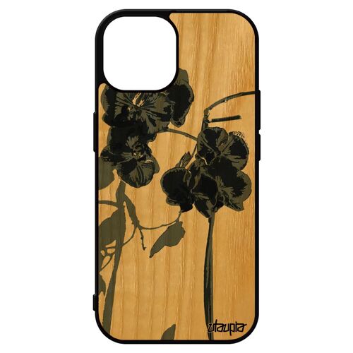 Coque Orchidée Fleur Pour Iphone 15 Bois Silicone Nature Jolie Cadeau Fete Des Meres Smartphone Floral Peinture Housse Noir De