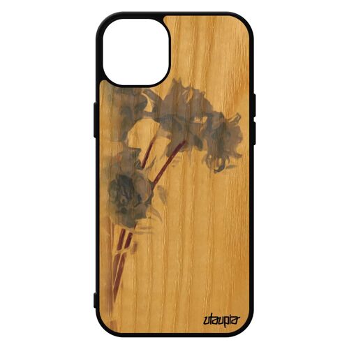 Coque Bouquet De Fleurs Iphone 15+ Plus En Bois Et Silicone Love Violet Etui Floral Bumper 4g Peinture Cadeau Fete Des Meres