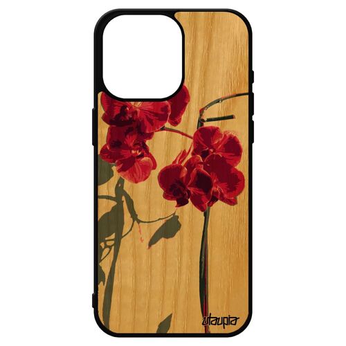 Coque Iphone 15 Pro Max En Bois Silicone Orchidée Fleur Noir Belle Rigide Frêne Fantaisie Exotique Amour Rose Etui Floral