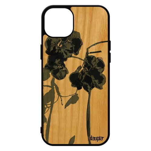 Coque Iphone 15+ Plus Bois Veritable Silicone Orchidée Fleur Personnalisé Housse Case Nature Tropical Jolie Gris Peinture Vrai