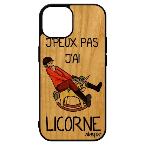 Coque iPhone 15 en bois silicone j'peux pas j'ai licorne de protection humour Orange 128 Go humoristique housse drole cheval