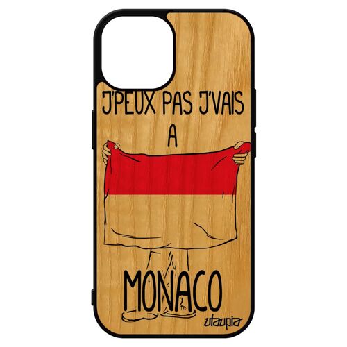 Coque Silicone Pour Iphone 15 Vrai Bois Naturel J'peux Pas J'vais A Monaco Noir Drapeau Monegasque Etui Telephone 4g Football