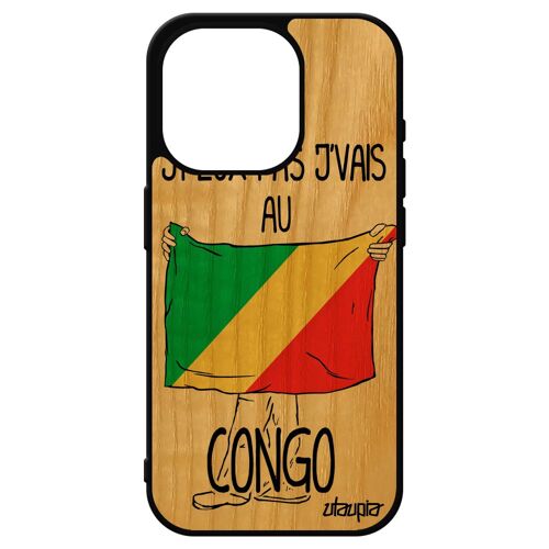 Coque Bois Iphone 15 Pro Silicone J'peux Pas J'vais Au Congo 4g Republique Du Foot Case Drapeau Congolais Football Brazzaville