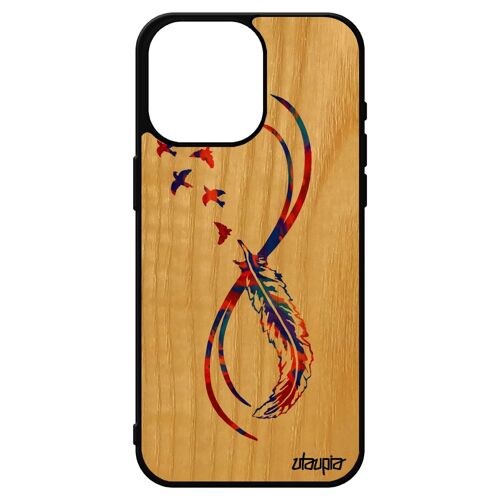 Coque Silicone Iphone 15 Pro Max En Bois Veritable Infini Orange Plume Tpu Imprimé De Protection Oiseau Telephone Tattoo Noir