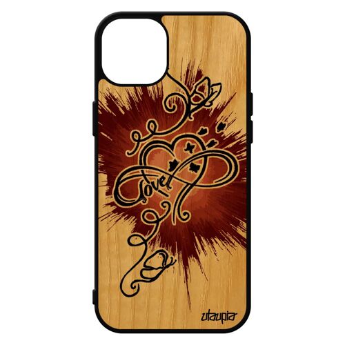 Coque En Bois Infini Love Iphone 15+ Plus Silicone Papillon Telephone Femme Marron Rigide Coeur Peinture Bumper Amour Noir