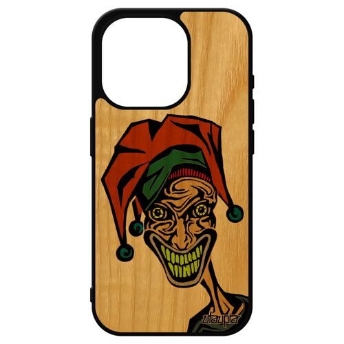 Coque bois iPhone 15 pro silicone Joker bumper comics clown horreur smile frêne 4G motif drole orange dessin housse bd cartoon