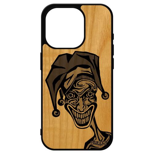 Coque Joker Iphone 15 Pro Bois Silicone Gris Rigide Design Motif Horreur Humour Clown Super Heros Bande Dessinée De Protection