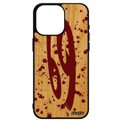 Coque pour iPhone 15 pro max bois veritable silicone Signe du zodiaque cancer tache d'encre Rouge astrologie calligraphie etui