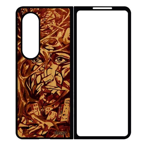 Coque Samsung Z Fold 4 Bois Silicone Portrait Street Art Femme Marron Artisanat Abstrait Immeubles Jolie Arbre Made In France Galaxy