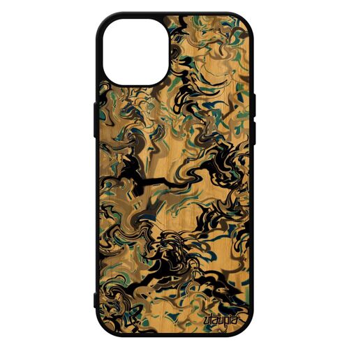 Coque Silicone Iphone 15+ Plus En Bois Marbre Ondulé Effet Bleu Forme Portable Housse Cadeau Peinture Mobile Fond 256 Go Motif