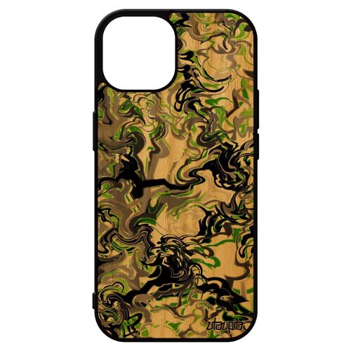 Coque Pour Iphone 15 Bois Naturel Silicone Marbre Noir Vert Fond Effet Peinture Forme Fait Main Rigide Frêne Ondulé Motif Tpu