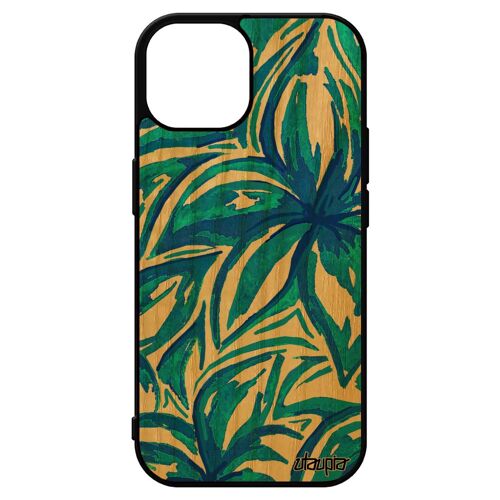 Coque Bois Pour Iphone 15 Silicone Fleurs Floral Etui Case Bleu Motif Cadeau Fond Feuille Design Mobile Peinture Souple Effet