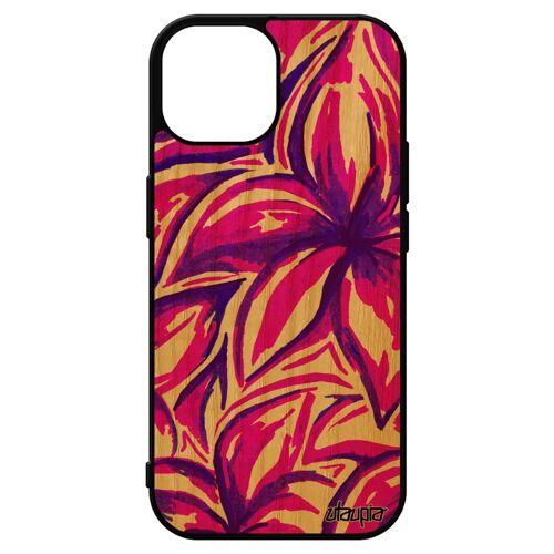 Coque En Bois Fleurs Iphone 15 Silicone Fait Main Fond Feuille Housse 256 Go Peinture Violet Motif Floral Effet Nature Etui De