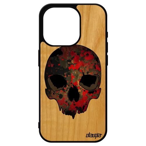 Coque En Bois Pour Iphone 15 Pro Et Silicone Crane Telephone Symbole Smartphone Metal Halloween Tete De Mort Etui Peinture Emo