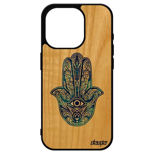 Coque Bois Iphone 15 Pro Silicone Main De Fatma Cadeau Aid Al-Kabîr La Hamsa Femme Fatima Afrique Du Nord Etui Bleu Antichoc