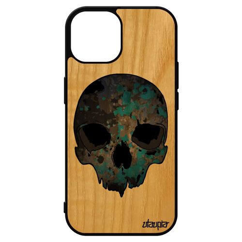 Coque Bois Silicone Iphone 15 Tete De Mort Garcon Crane Bleu Gothique Personnalisé Case Housse Horreur Electro Made In France