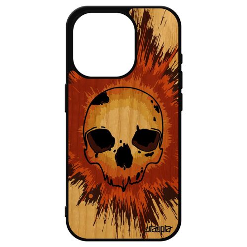 Coque Iphone 15 Pro Bois Silicone Tete De Mort Crane Hardrock Squelette Metal Case Marron Vintage Halloween Fantastique Unique