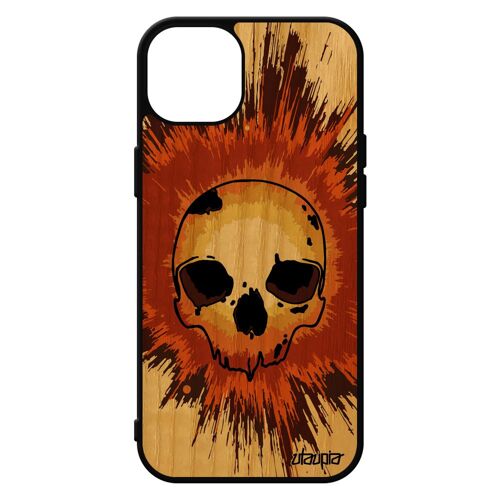 Coque Iphone 15+ Plus Bois Silicone Tete De Mort Metal Squelette Crane Emo Enfer Halloween 4g Fantastique Housse Original Etui