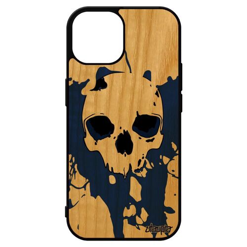 Coque Silicone Pour Iphone 15 Bois Tete De Mort Punk Graffitti Pas Cher Antichoc Squelette Souple Rigide Tache Peinture Bleu