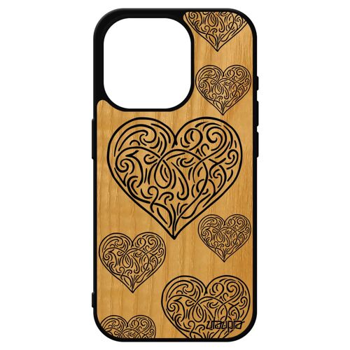 Coque Bois Silicone Antichoc Iphone 15 Pro CUr Love Motif Amitie De Luxe Telephone Cadeau Saint Valentin Personnalisé Tpu Art