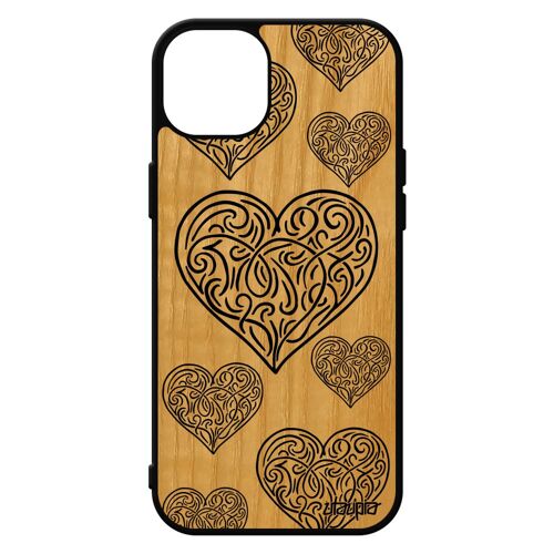 Coque En Bois Pour Iphone 15+ Plus Silicone CUr De Luxe De Protection 128 Go Tribal Noir Love Amitie Amour Etui Art Veritable