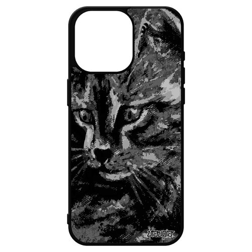 Coque Silicone Iphone 15 Pro Max Chat Gris Chaton Noir Et Blanc Moustache Dessin Minou Original Peinture Huile Souple Etui De