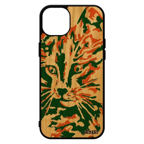 Coque Iphone 15+ Plus Bois Silicone Chat Housse Dessin Mignon Chaton Etui Matou 256 Go Vert Colore Peinture Fantaisie Mobile