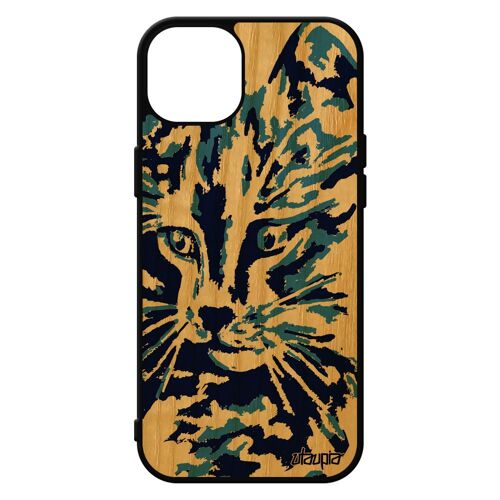 Coque Silicone Rigide Iphone 15+ Plus En Bois Chat Art Telephone Cadeau Noel Bleu Antichoc Noir Petit Bumper Image Mignon