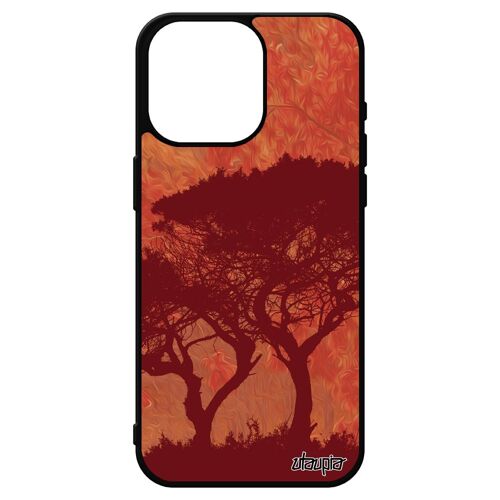 Coque iPhone 15 pro max silicone arbres case zen antichoc paysage peinture rouge dessin 4G afrique metal feuilles soleil