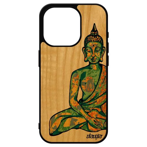 Coque Bois Iphone 15 Pro Silicone Bouddha Femme Assis Inde Vert Soleil Tibet Caoutchouc Smartphone Yoga Cover Made In France