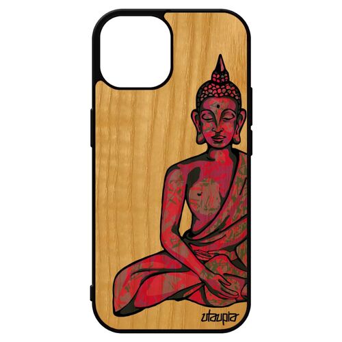 Coque Iphone 15 En Bois Silicone Bouddha Hindou Soleil Image Zen Rose Graphique Bumper Cadeau D'anniversaire Tibet Noir 4g De