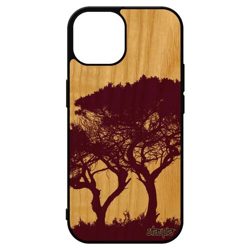 Coque Iphone 15 En Bois Veritable Silicone Arbres Violet Ecologie Zen Paysage Design Personnalisé Branche De Protection Ecolo